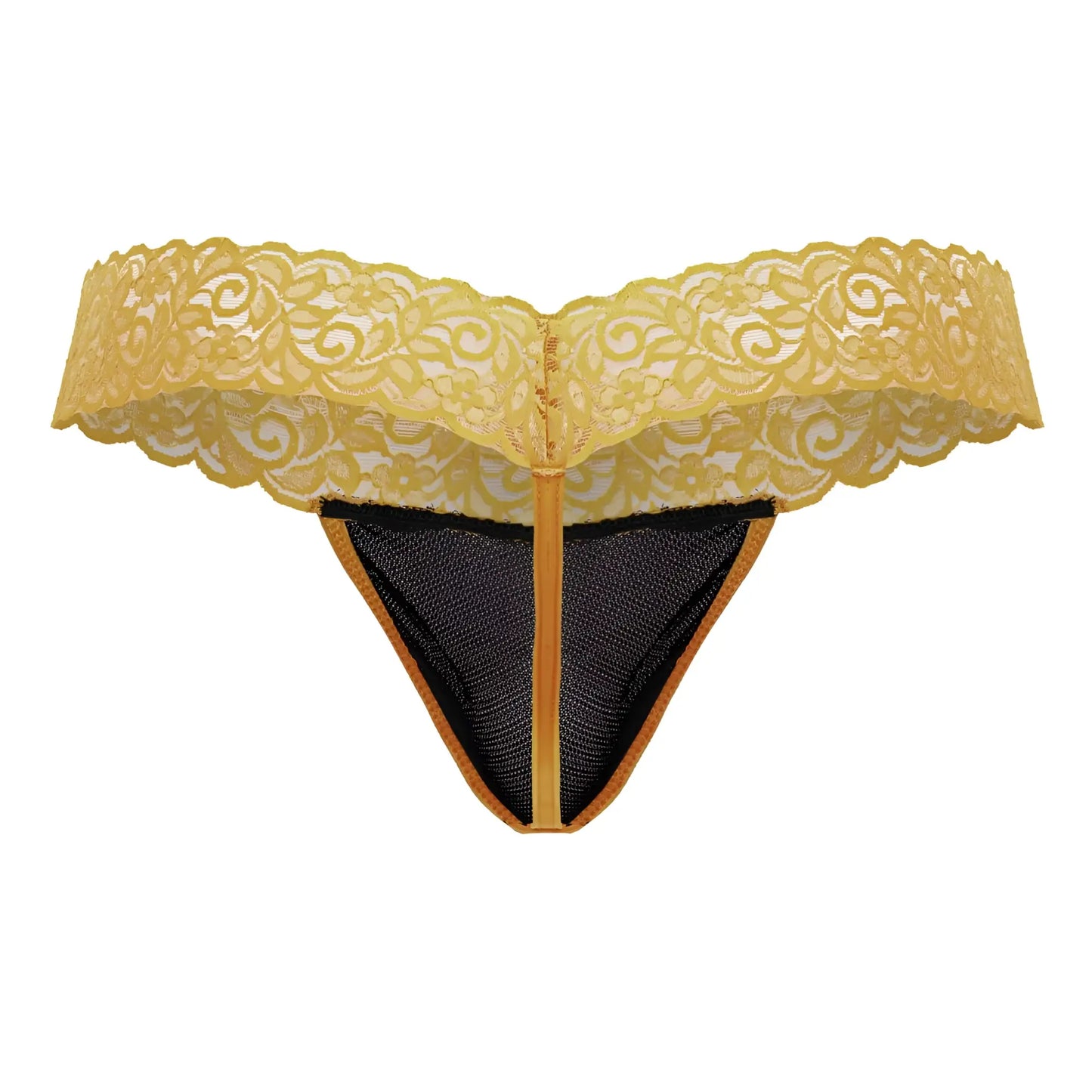 CandyMan 99370 lace thong in orange yellow with black mesh lining and gold-toned trim front view