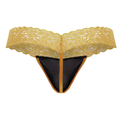 CandyMan 99370 lace thong in orange yellow with black mesh lining and gold-toned trim front view