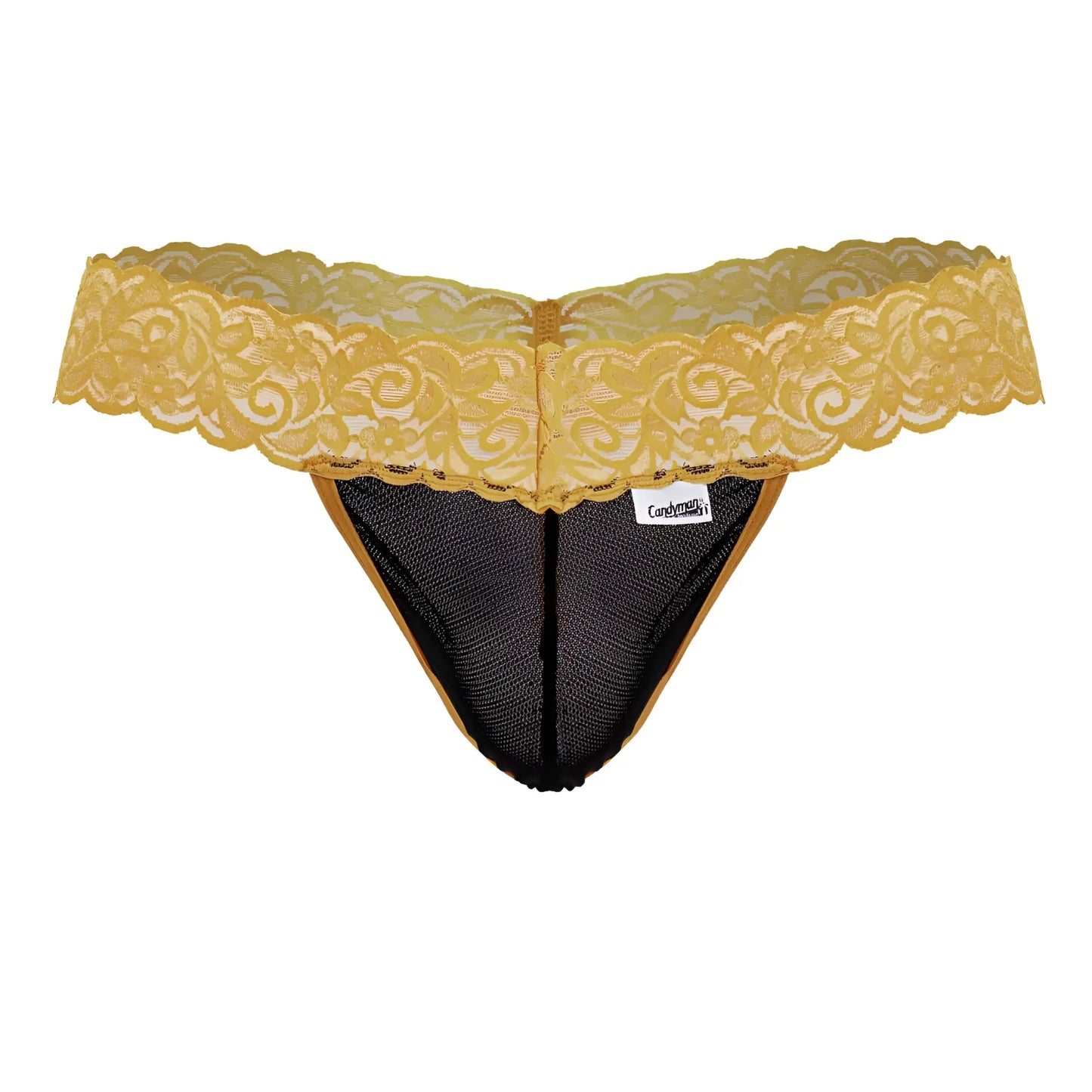 CandyMan 99370 orange lace thong with yellow lace trim black mesh scalloped edge and brand tag visible
