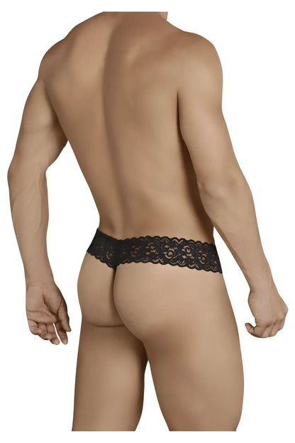 Black lace thong candy man 99370 with intricate floral patterns in black showing front view