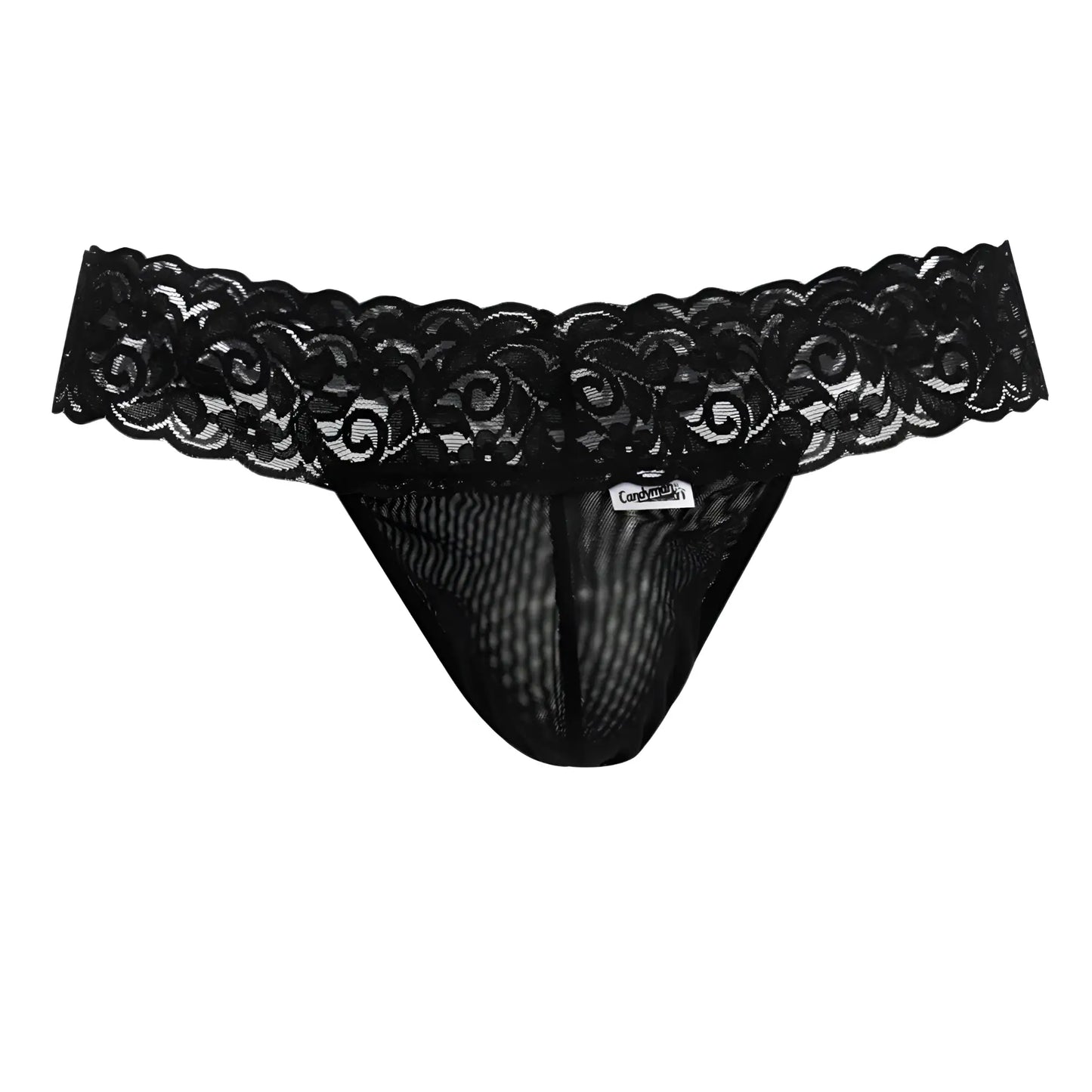 Black lace thong candyman 99370 with intricate floral patterns and mesh interior in black color