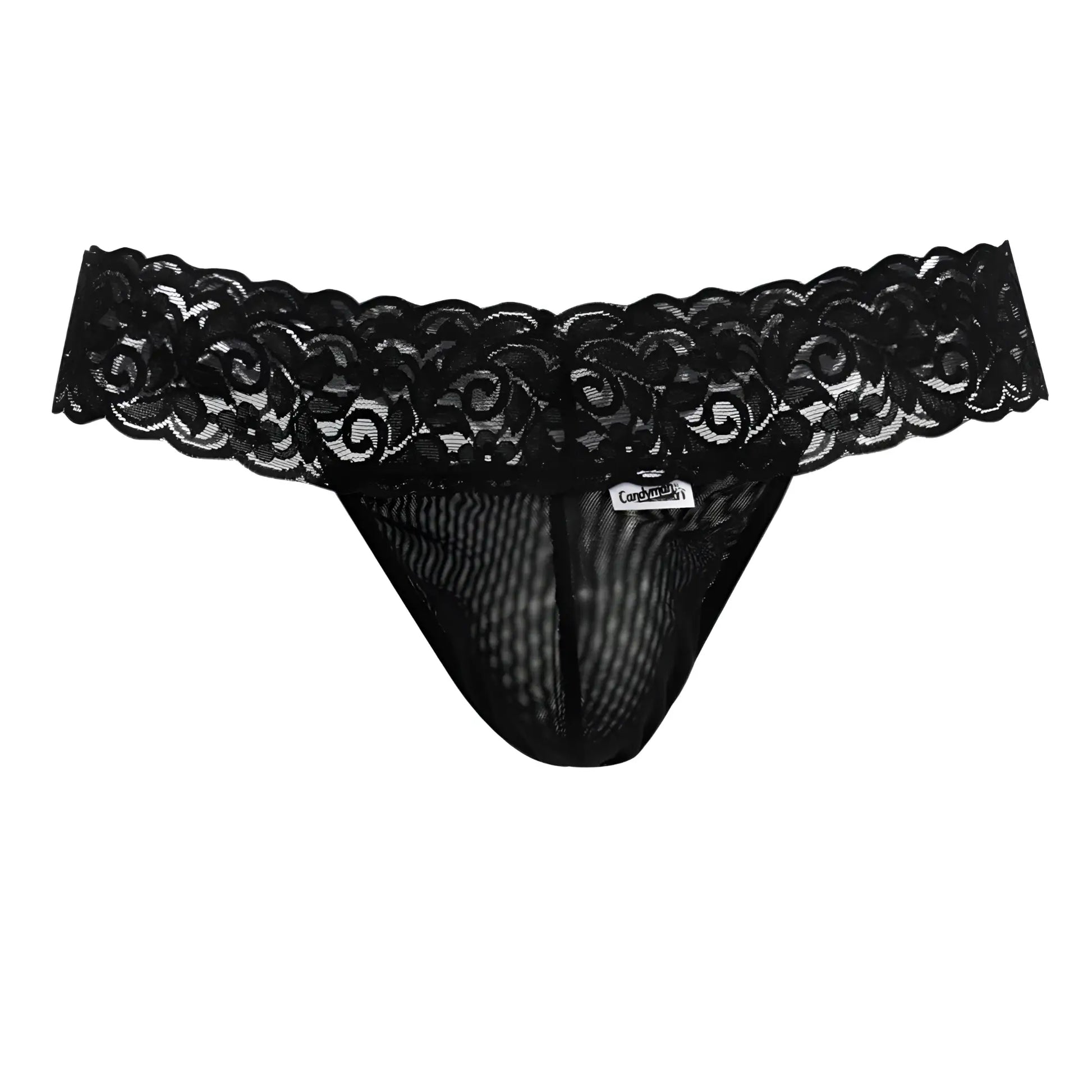 Black lace thong candyman 99370 with intricate floral patterns and mesh interior in black color