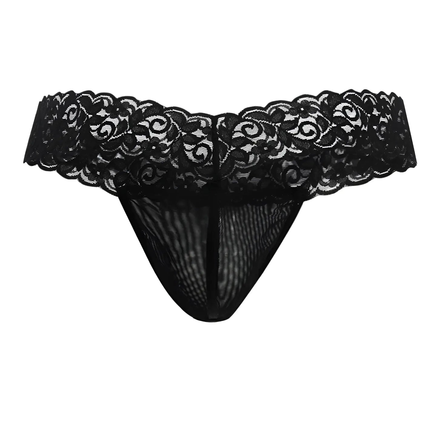 Black lace thong Candyman 99370 with intricate floral patterns and sheer mesh body in color black front view