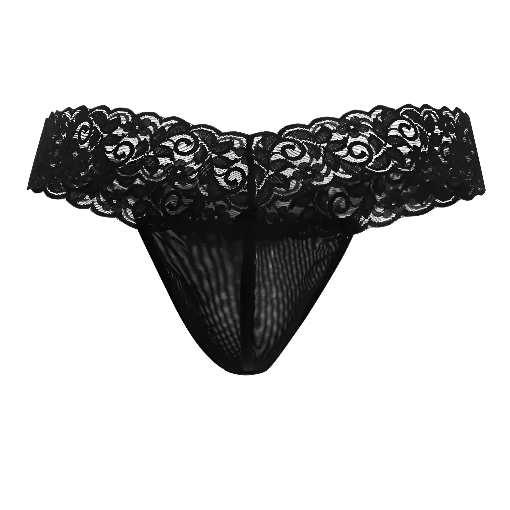 Black lace thong Candyman 99370 with intricate floral patterns and sheer mesh body in color black front view