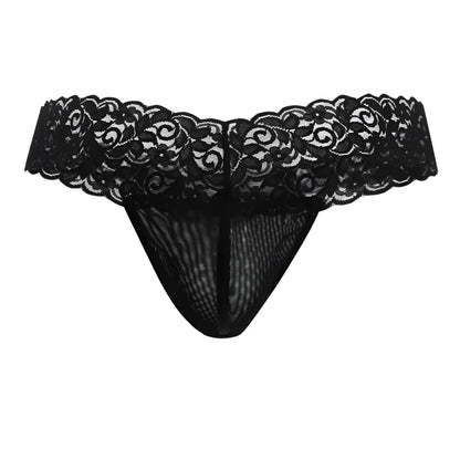 Black lace thong Candyman 99370 with intricate floral patterns and sheer mesh body in color black front view