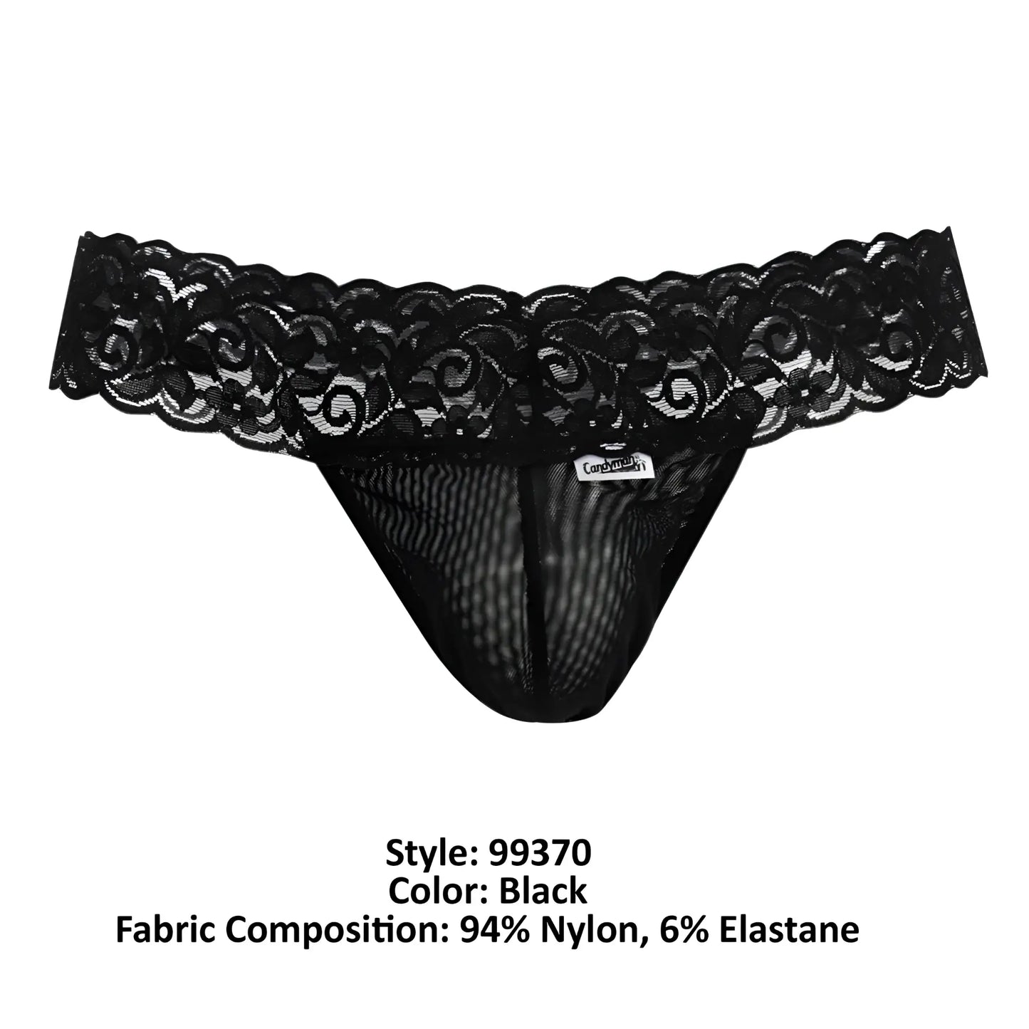 CandyMan 99370 black lace thong with scalloped edge and mesh body made of 94 nylon and 6 elastane
