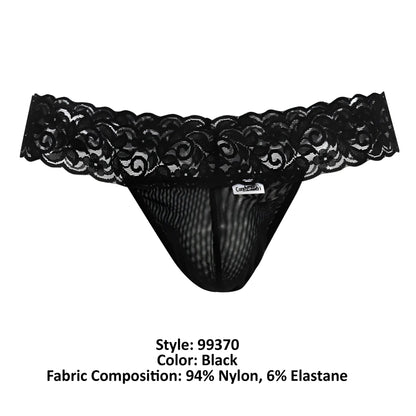 CandyMan 99370 black lace thong with scalloped edge and mesh body made of 94 nylon and 6 elastane