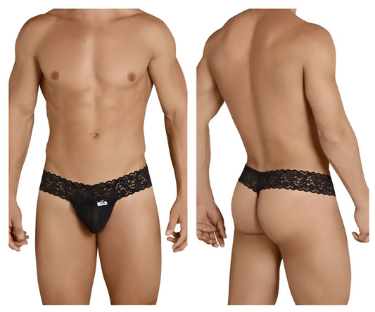 Black CandyMan 99370 men’s thong with black lace trim and small brand tag on the front