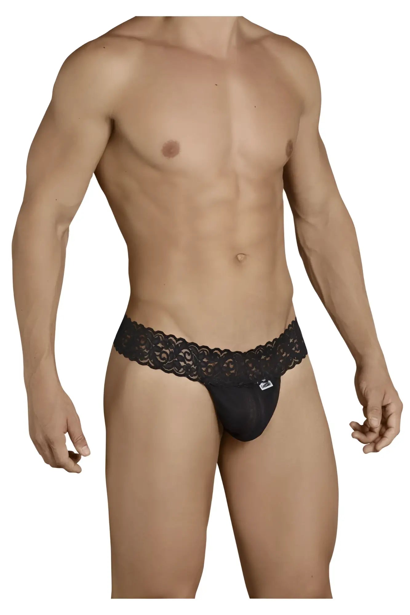 CandyMan 99370 black men’s thong with lace trim and subtle brand logo on front for comfortable stylish wear