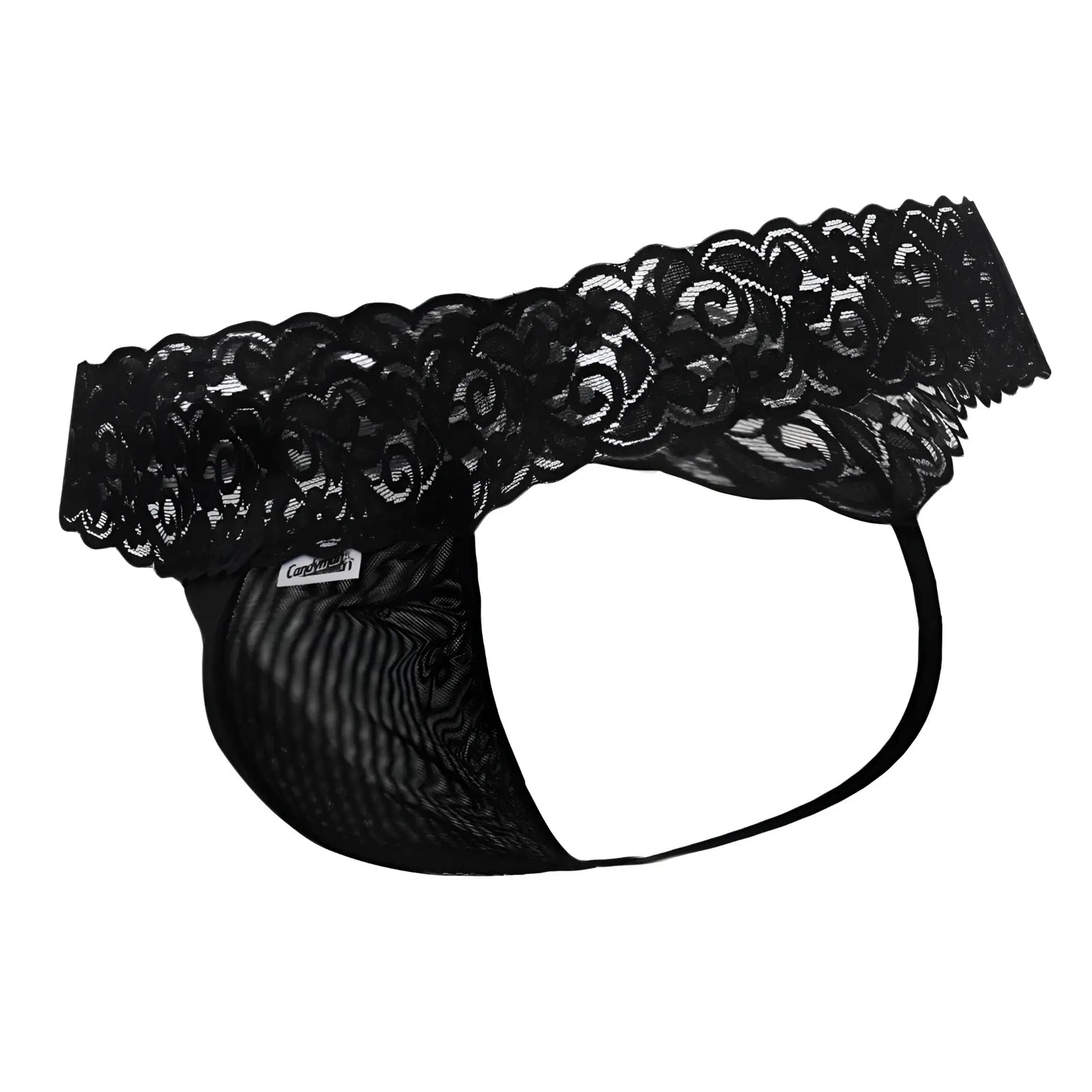 Black CandyMan 99370 thongs in lace-trimmed black mesh with scalloped edge and elastic waistband shown from back side