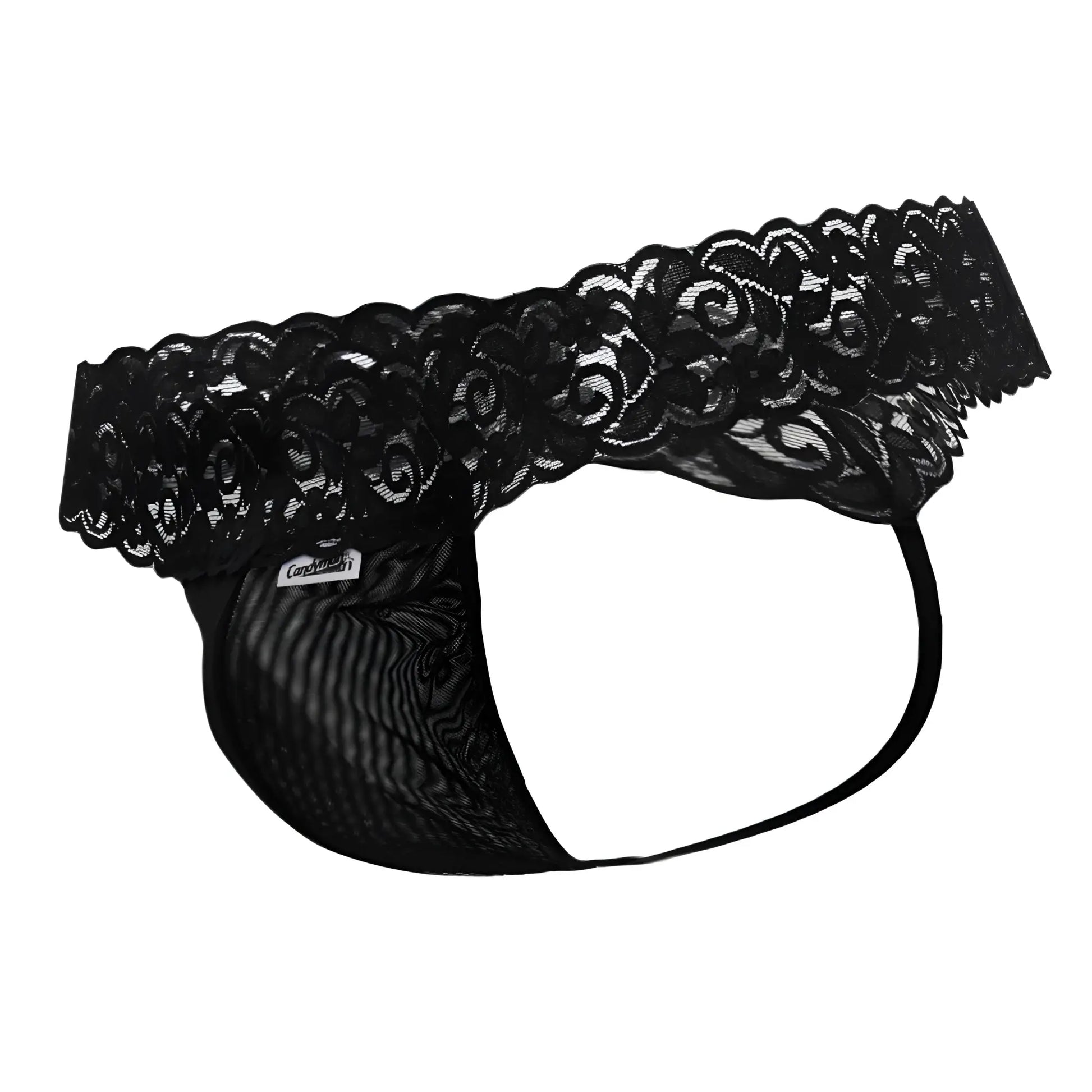 Black CandyMan 99370 thongs in lace-trimmed black mesh with scalloped edge and elastic waistband shown from back side