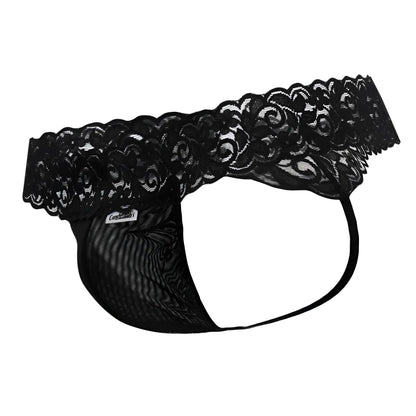 Black CandyMan 99370 thongs in lace-trimmed black mesh with scalloped edge and elastic waistband shown from back side