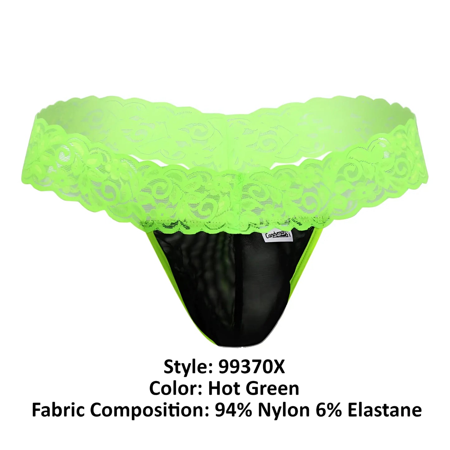 Hot green CandyMan 99370X thong with lace trim and black mesh interior for stylish lingerie wear