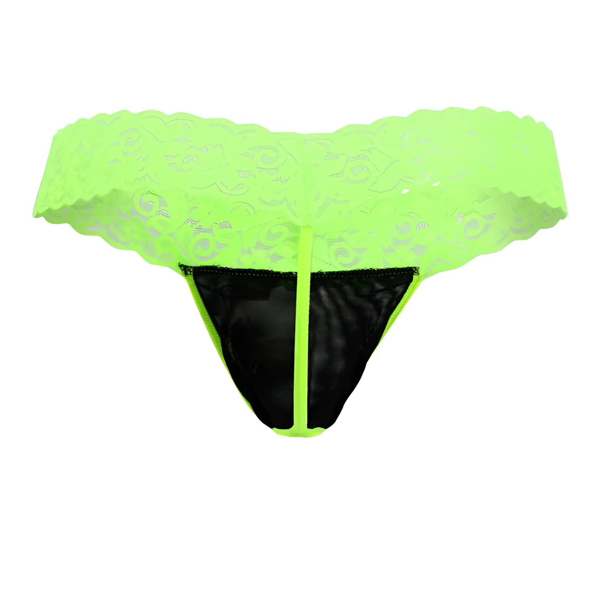 Neon green CandyMan 99370X thong with black mesh panel and neon green lace trim front view