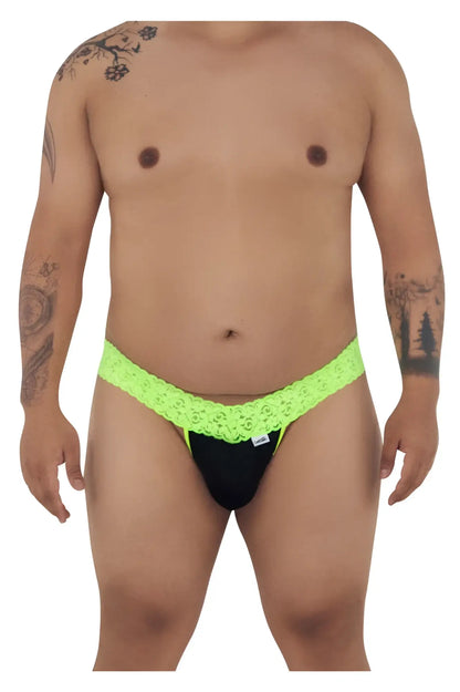 Neon green lace-trimmed black briefs candyMan 99370X thongs in hot green showcasing front view design