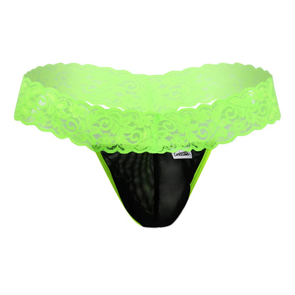 Neon green lace-trimmed black mesh thong candyMan 99370X showing front side for a bold lingerie look