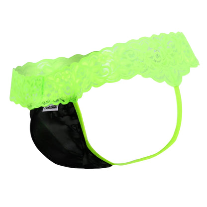 Neon green lace trimmed black satin briefs candyMan 99370X thongs with a satin finish front view