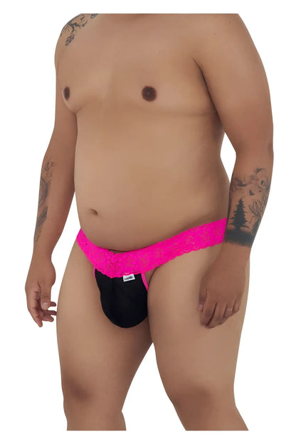 Bright pink lace-trimmed black briefs of candyman 99370x thongs in hot pink showing front view