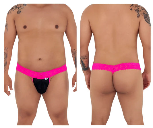 CandyMan 99370X hot pink thong with bright pink lace trim black fabric and small white brand tag