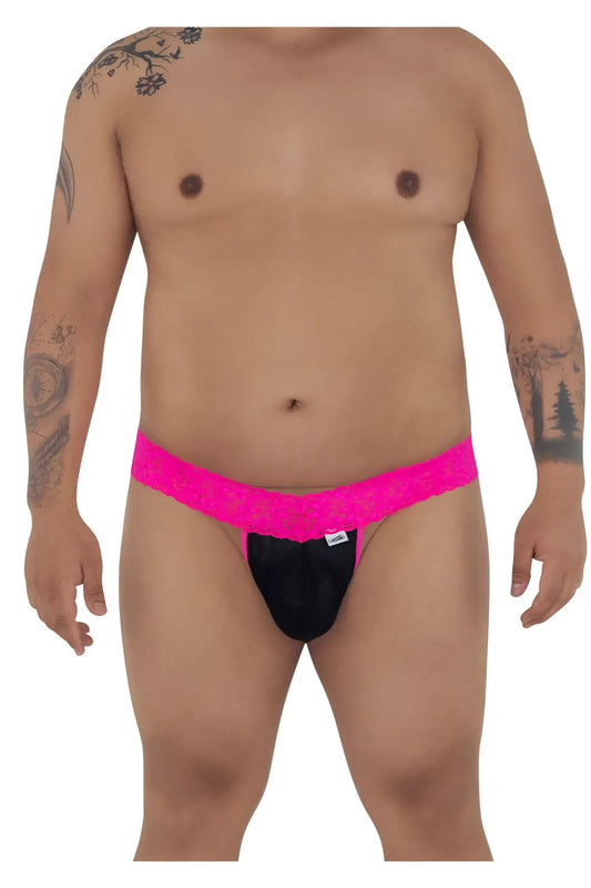 Bright pink CandyMan 99370X thongs with black lace-trimmed briefs and small white brand tag visible