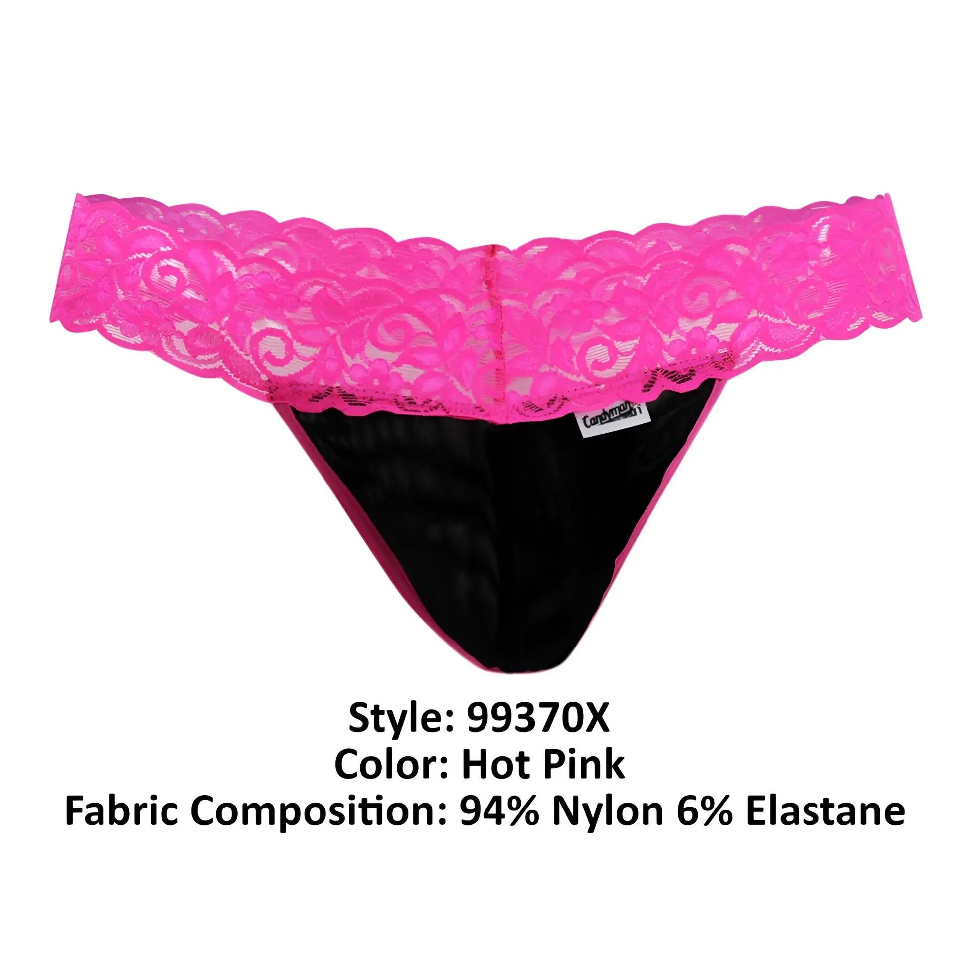Hot pink lace-trimmed candyMan 99370X thong with black interior made of 94 nylon and 6 elastane