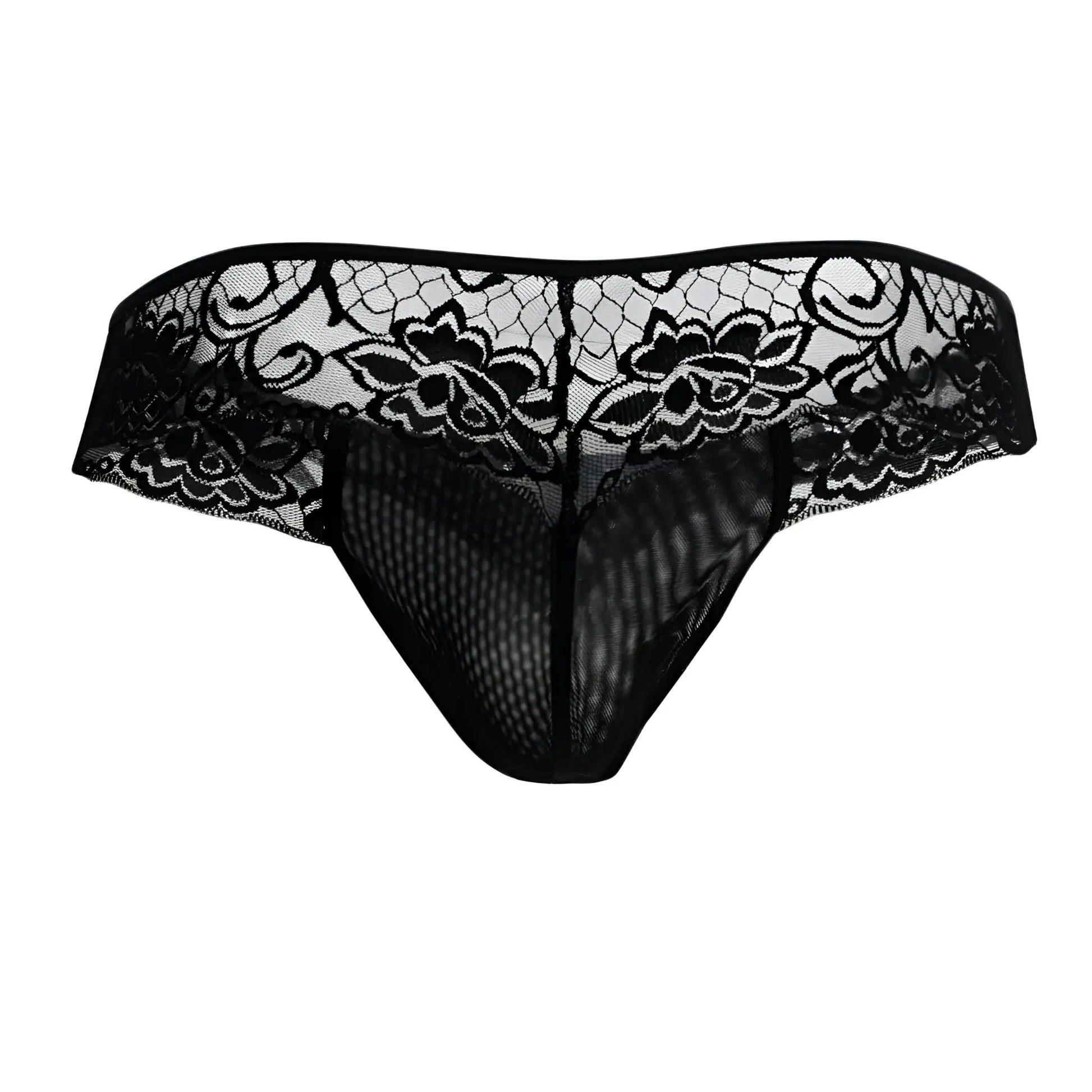 Black lace thong CandyMan 99392 in black with floral patterns and mesh front detail