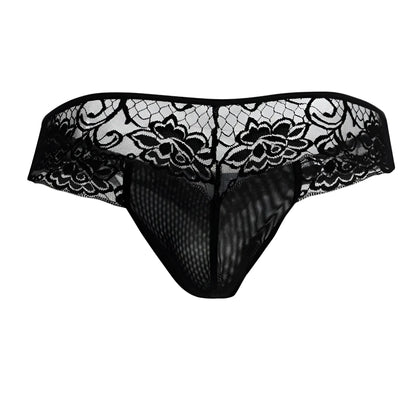 Black lace thong CandyMan 99392 in black with floral patterns and mesh front detail