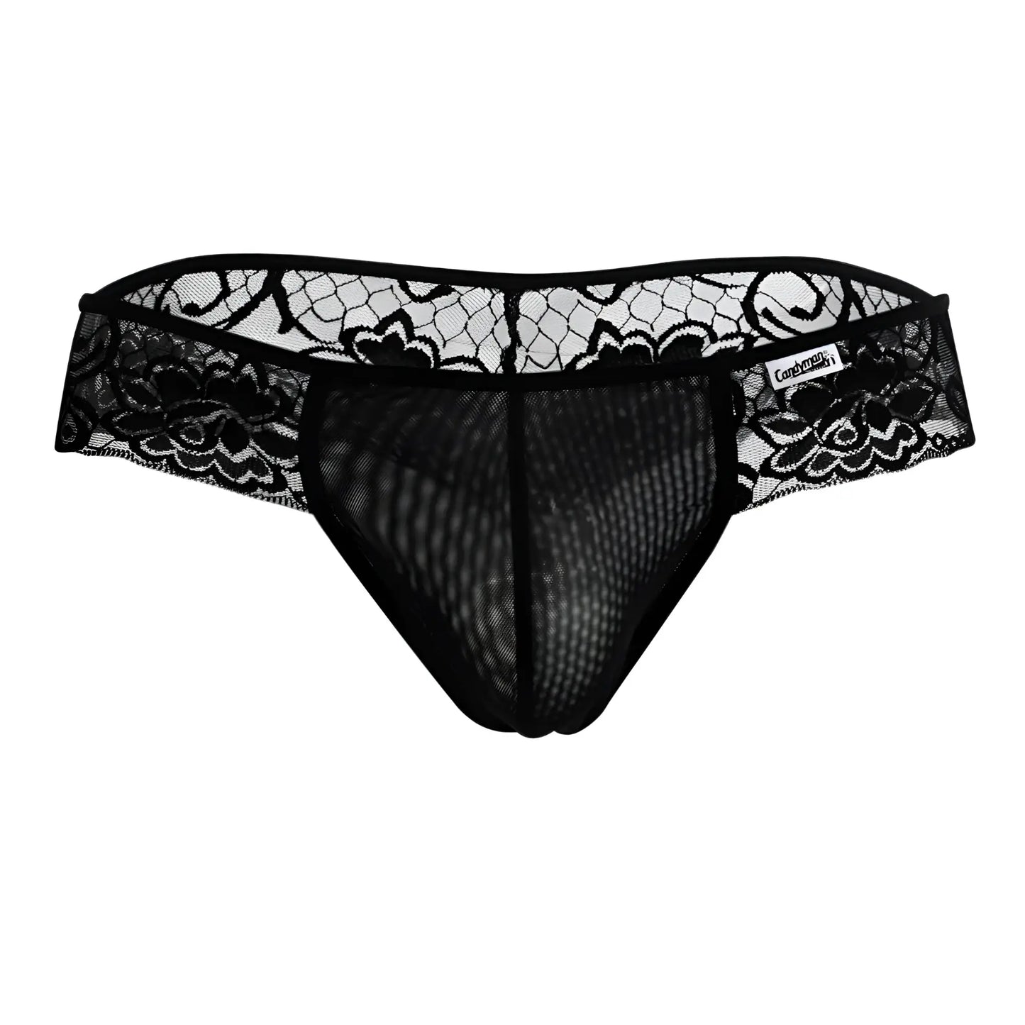 Black candyMan 99392 thong with intricate floral lace patterns and mesh fabric body for comfortable wear