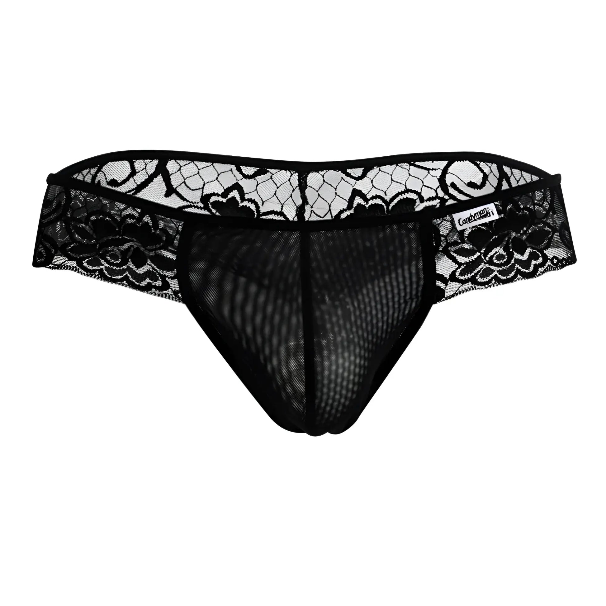Black candyMan 99392 thong with intricate floral lace patterns and mesh fabric body for comfortable wear