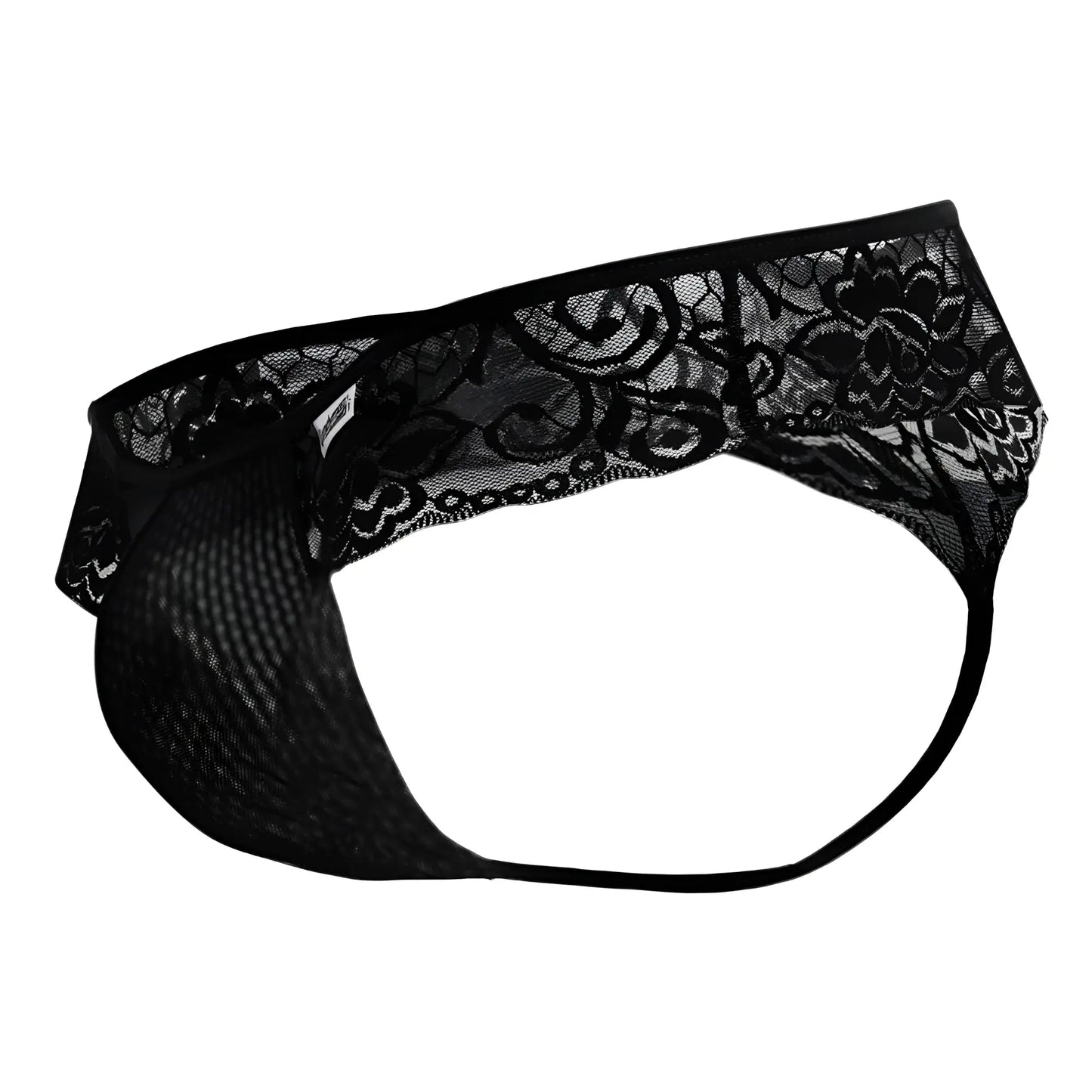 Black lace thong candyMan 99392 with intricate floral patterns and mesh fabric base in black color