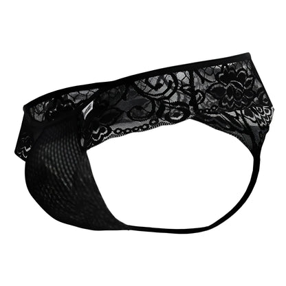 Black lace thong candyMan 99392 with intricate floral patterns and mesh fabric base in black color