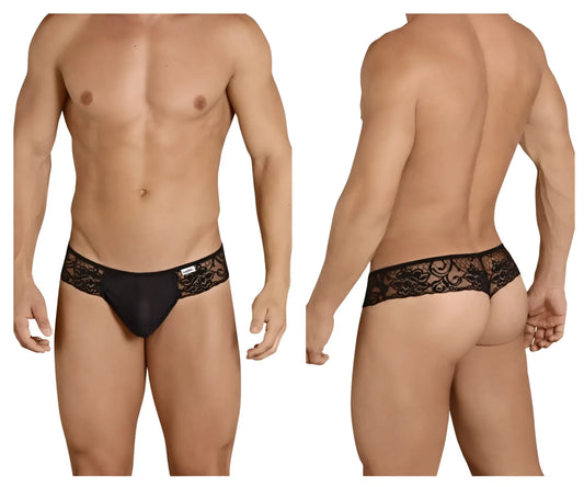 Black lace-trimmed CandyMan 99392 thongs with sheer mesh body and floral embroidery in black color
