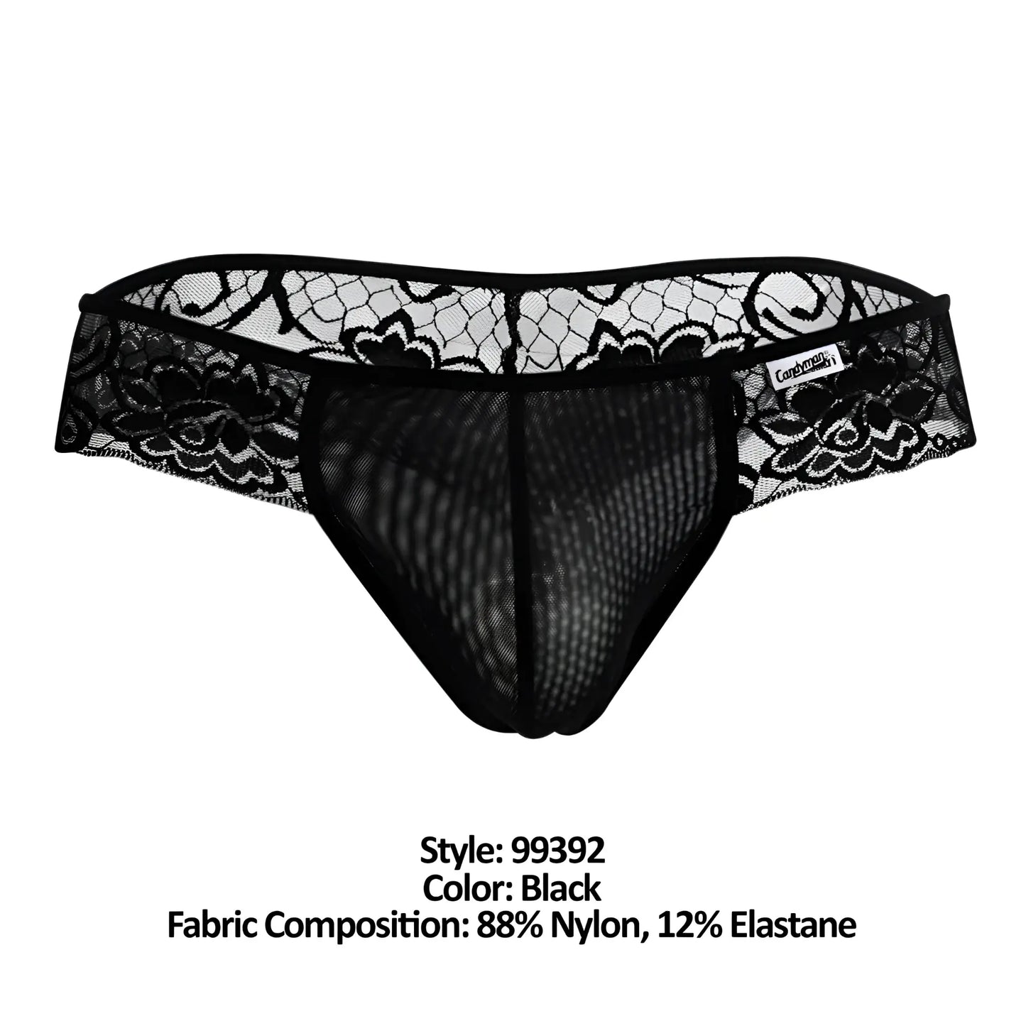CandyMan 99392 black thongs in black lace-trimmed mesh with a floral pattern and seamless design