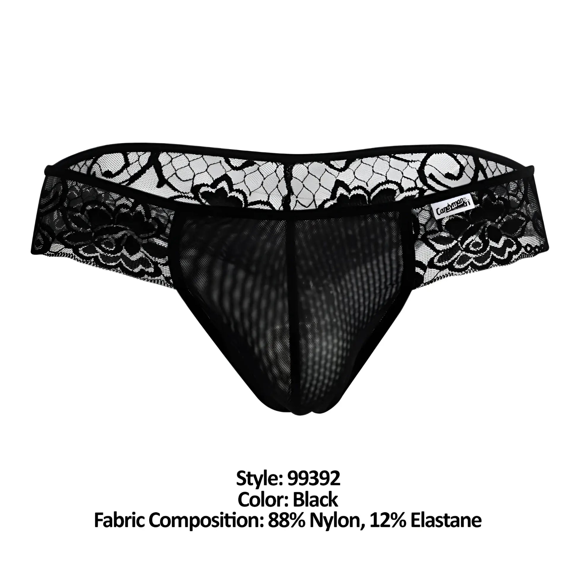 CandyMan 99392 black thongs in black lace-trimmed mesh with a floral pattern and seamless design
