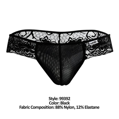 CandyMan 99392 black thongs in black lace-trimmed mesh with a floral pattern and seamless design