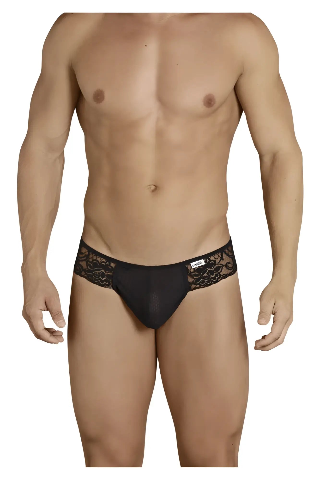 CandyMan 99392 thongs in black featuring black lace trim sheer mesh front and embroidered floral waistband