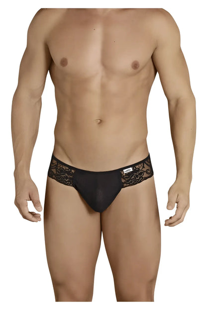 CandyMan 99392 thongs in black featuring black lace trim sheer mesh front and embroidered floral waistband