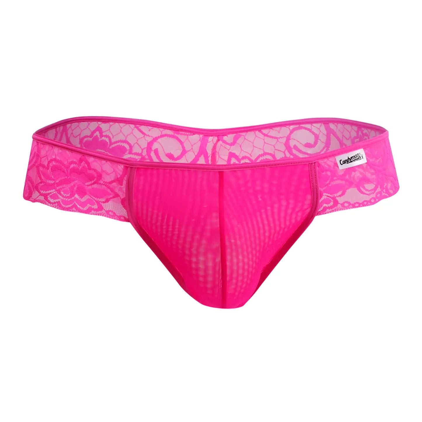 CandyMan 99392 thong in bright pink lace with floral patterns and a mesh front panel for a stylish look