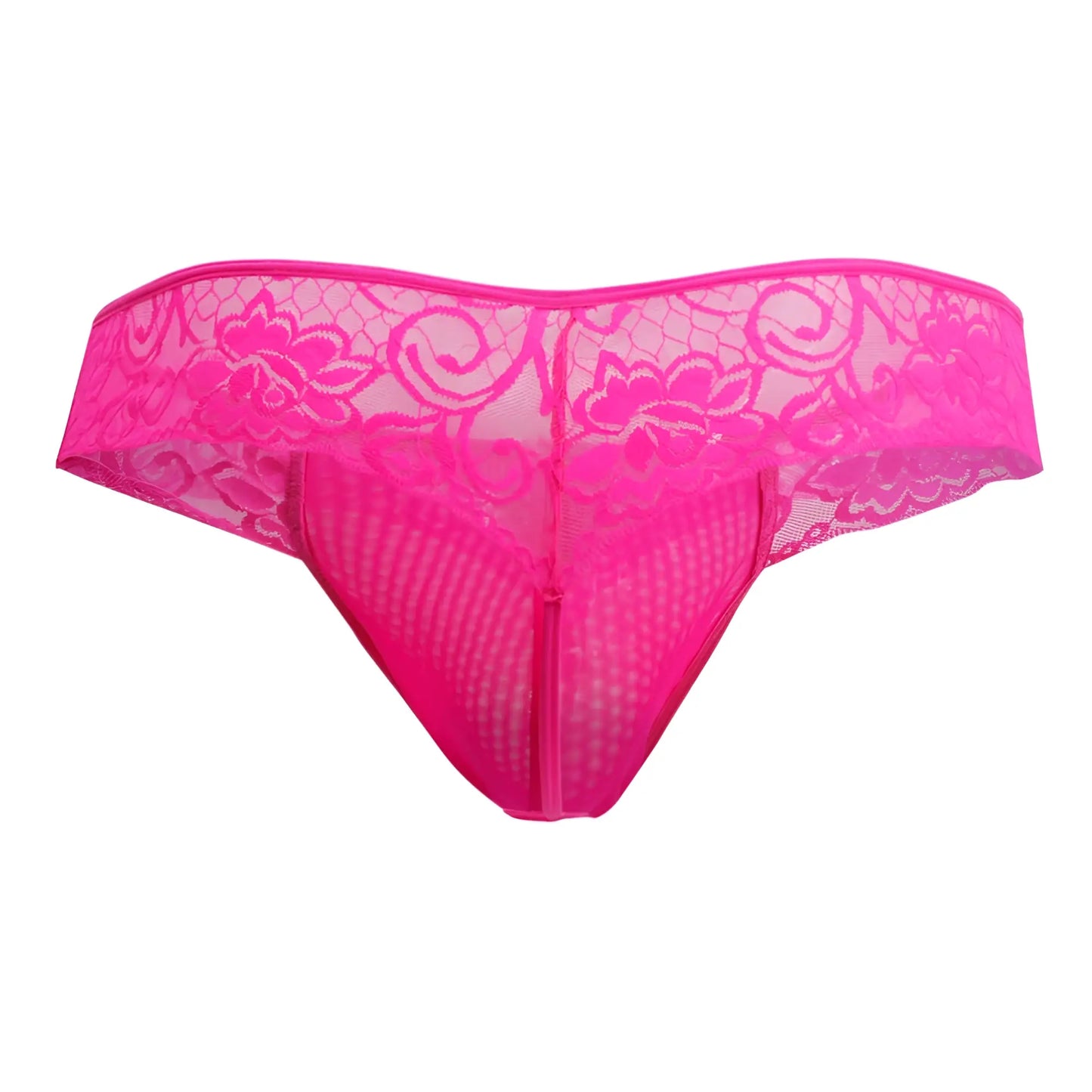 Bright pink lace thong candy man 99392 with floral and swirl patterns showing front side details