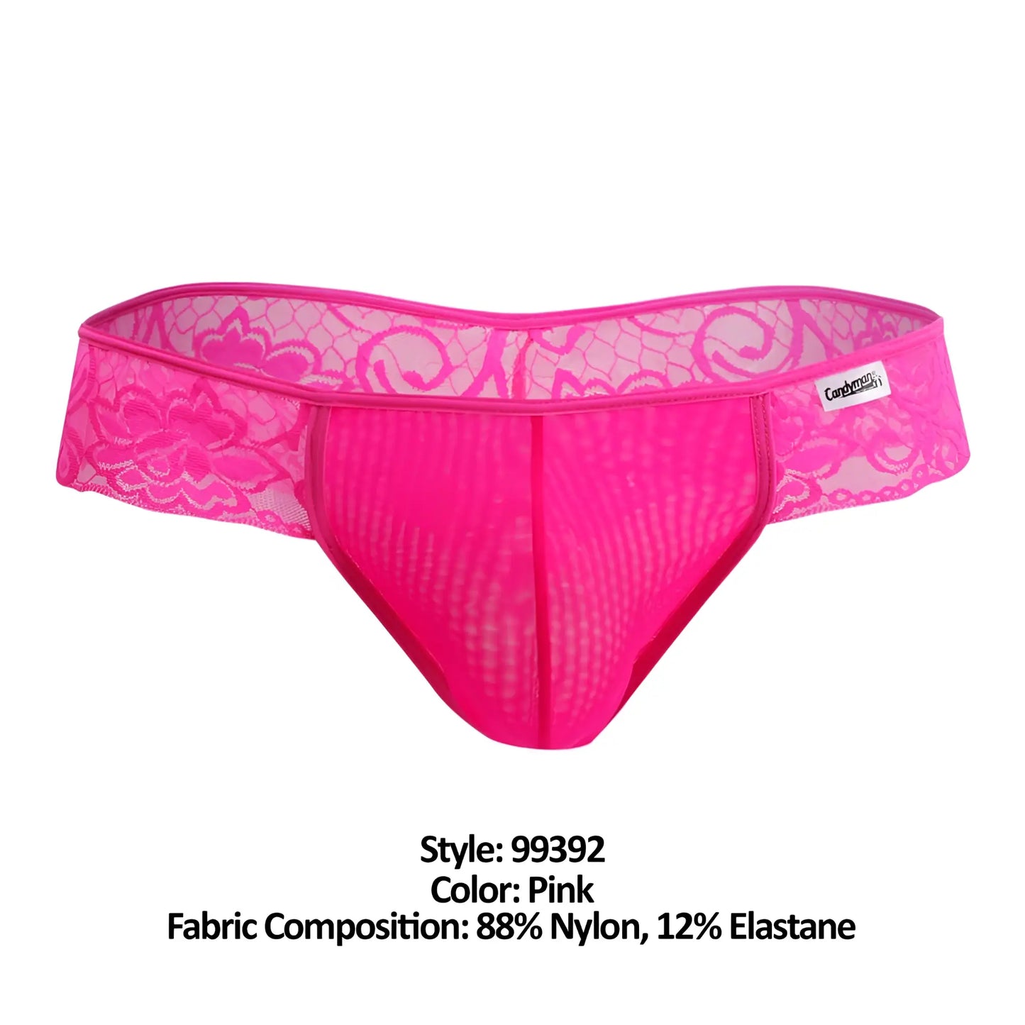 CandyMan 99392 men’s thong in bright pink with lace trim mesh front panel and elastic waistband