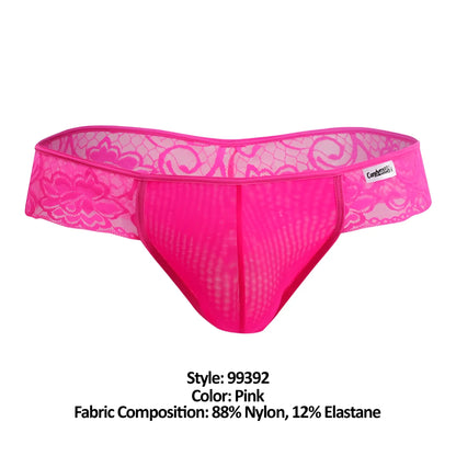 CandyMan 99392 men’s thong in bright pink with lace trim mesh front panel and elastic waistband