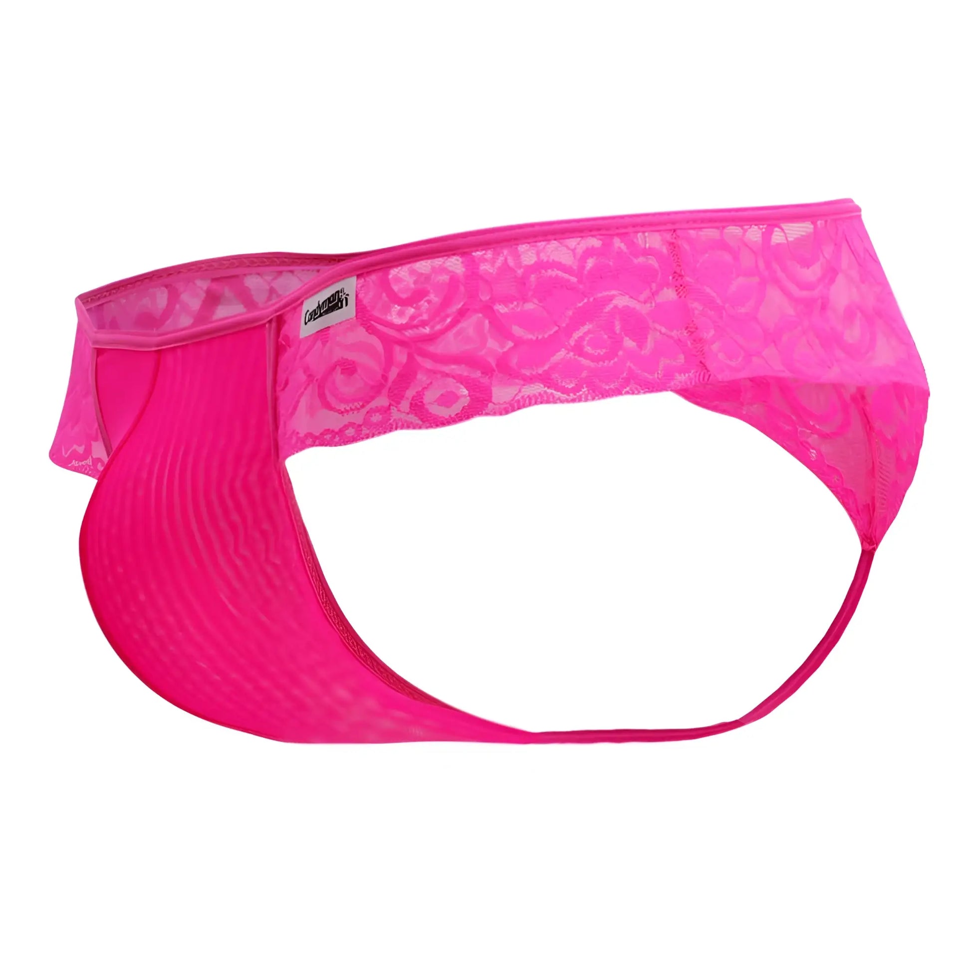 CandyMan 99392 pink thong with bright pink lace trim sheer mesh body and scalloped edges front view