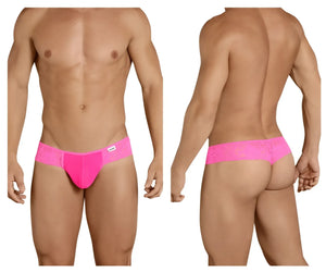 Bright pink CandyMan 99392 thong with lace trim and snug form-fitting design shown from the back side