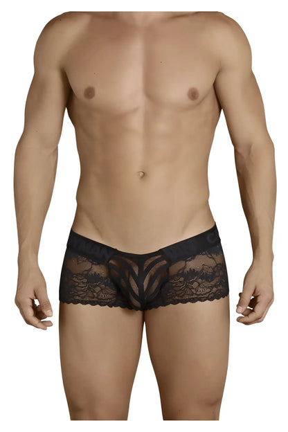 CandyMan 99393 black lace men’s boxer briefs with intricate floral patterns and a solid waistband