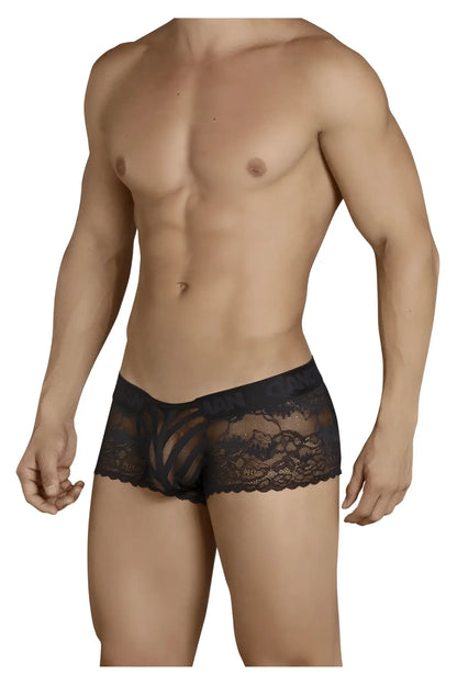 CandyMan 99393 black lace boxer briefs with intricate floral patterns and scalloped hem for men