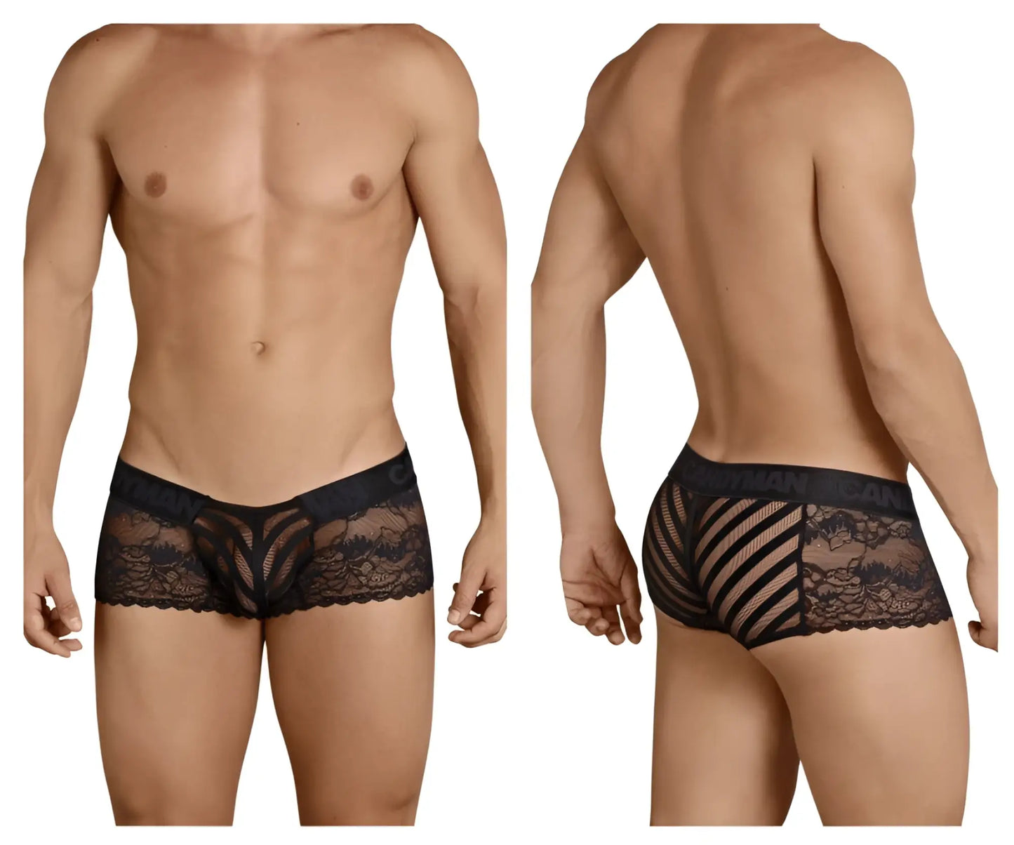 Black lace CandyMan 99393 boxer briefs with floral mesh design for men in black color