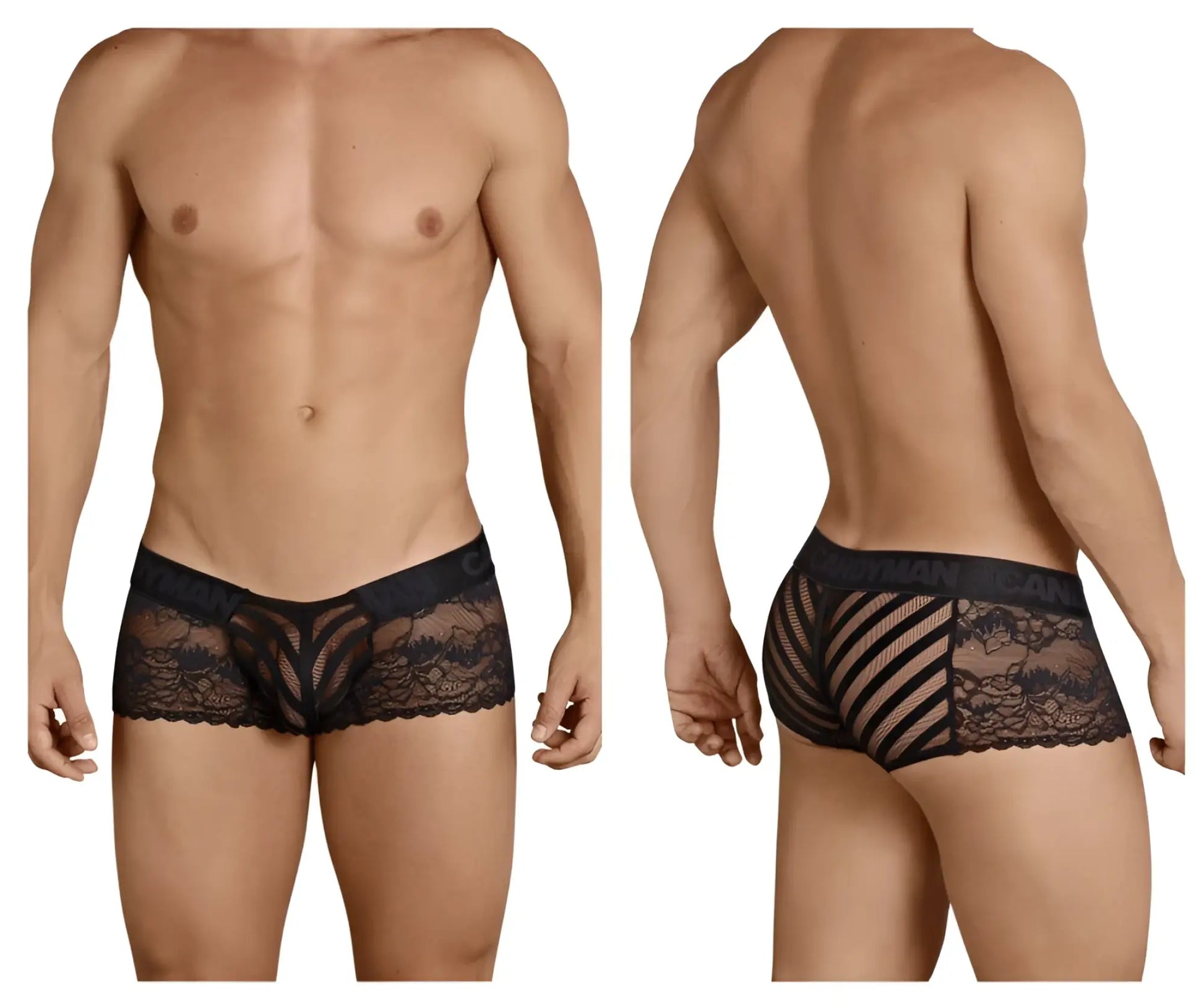 Black lace CandyMan 99393 boxer briefs with floral mesh design for men in black color