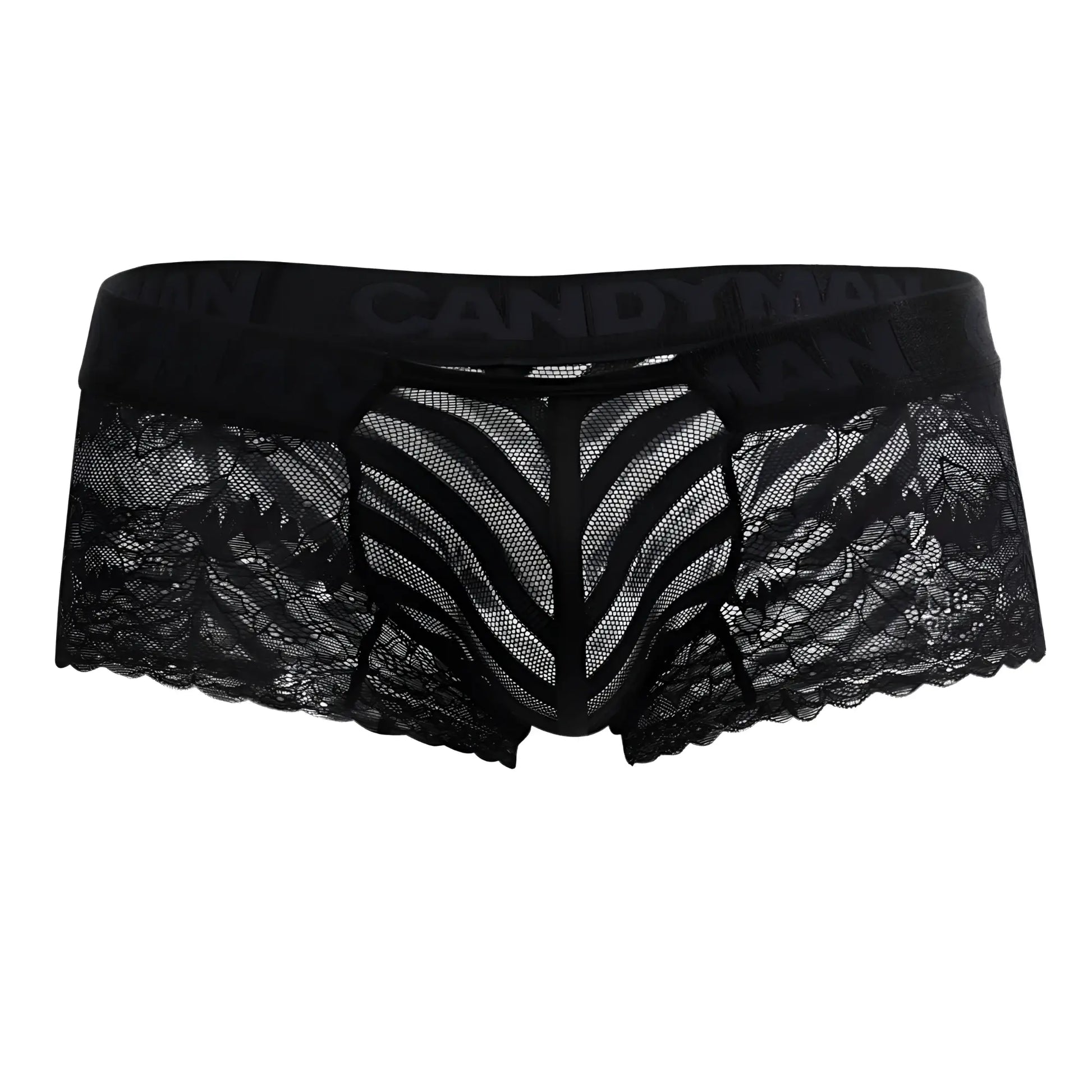 Black lace CandyMan 99393 boxer briefs with sheer mesh panel and scalloped edges in black color