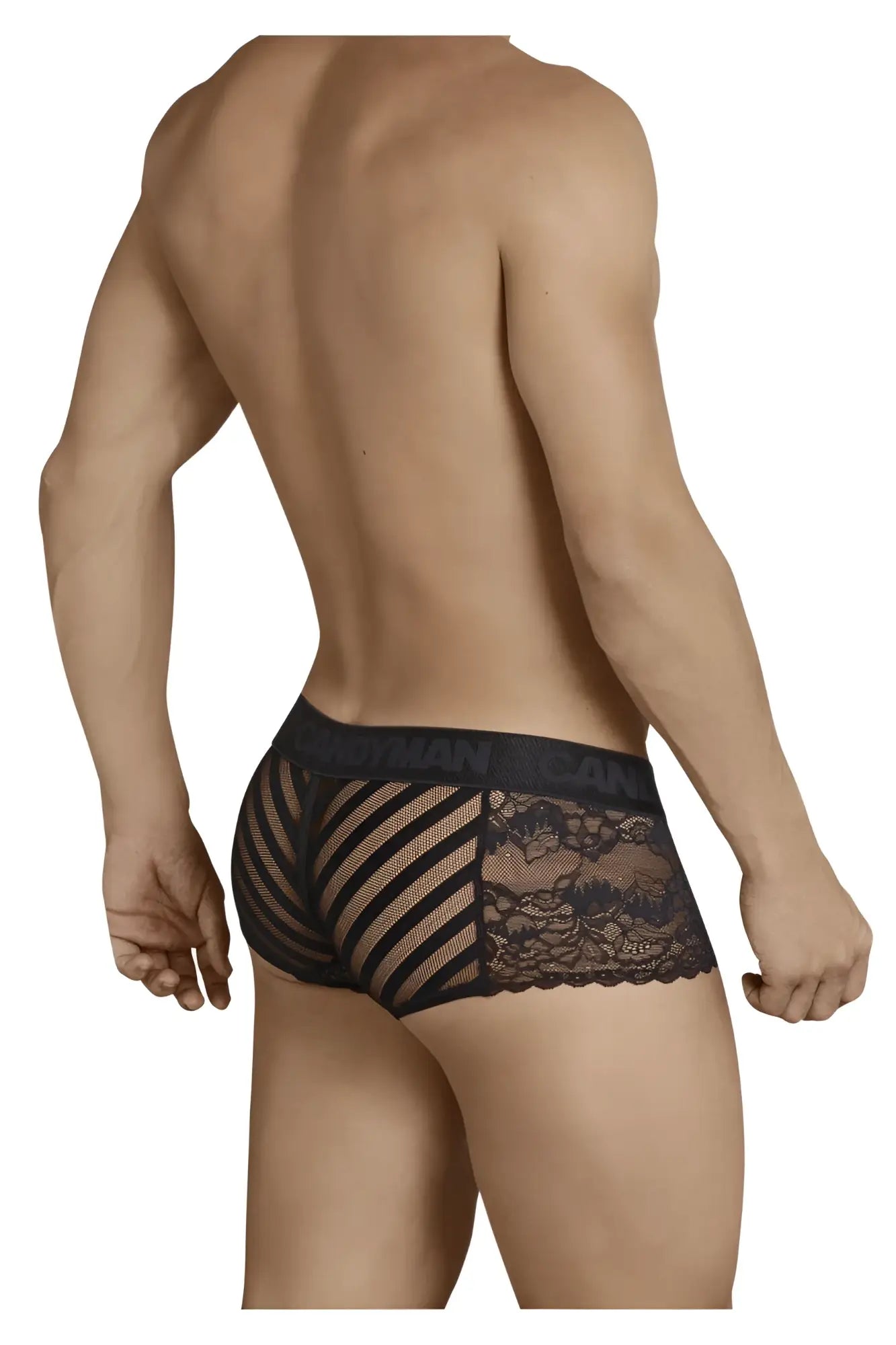 Black candyMan 99393 boxer briefs featuring lace briefs with mesh panel and floral embroidery