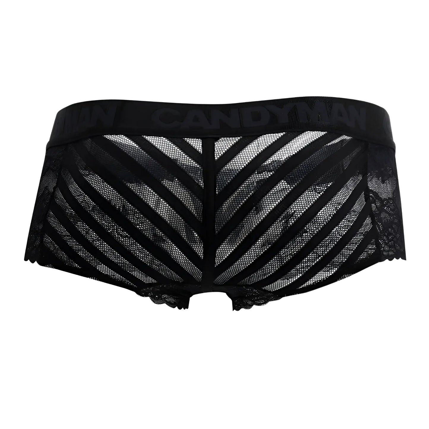 Black lace candyMan 99393 boxer briefs with diagonal striped mesh panel and branded waistband in black color